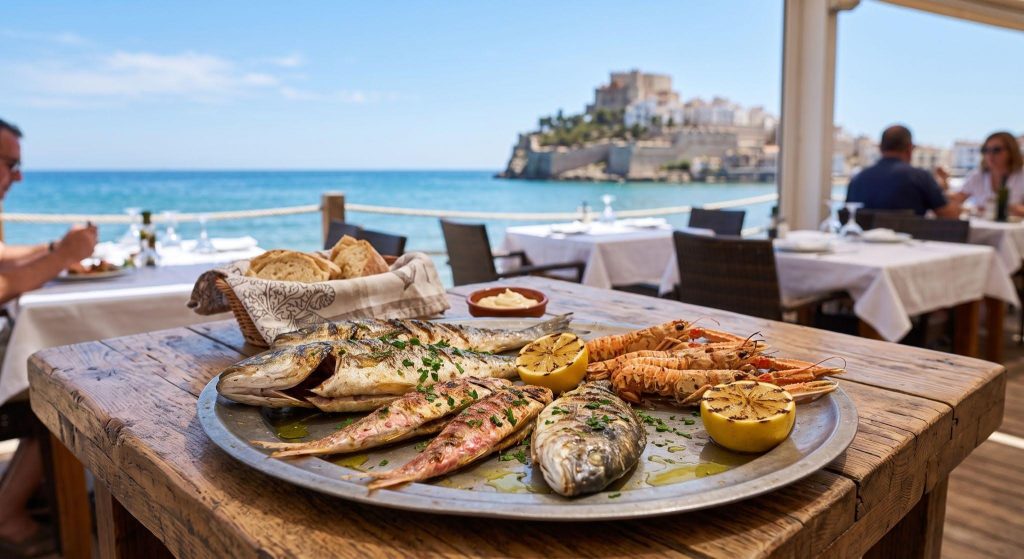 Plato de marisco y pescado fresco en la terraza de La Marinera, Peñiscola, con vistas al castillo y al mar.