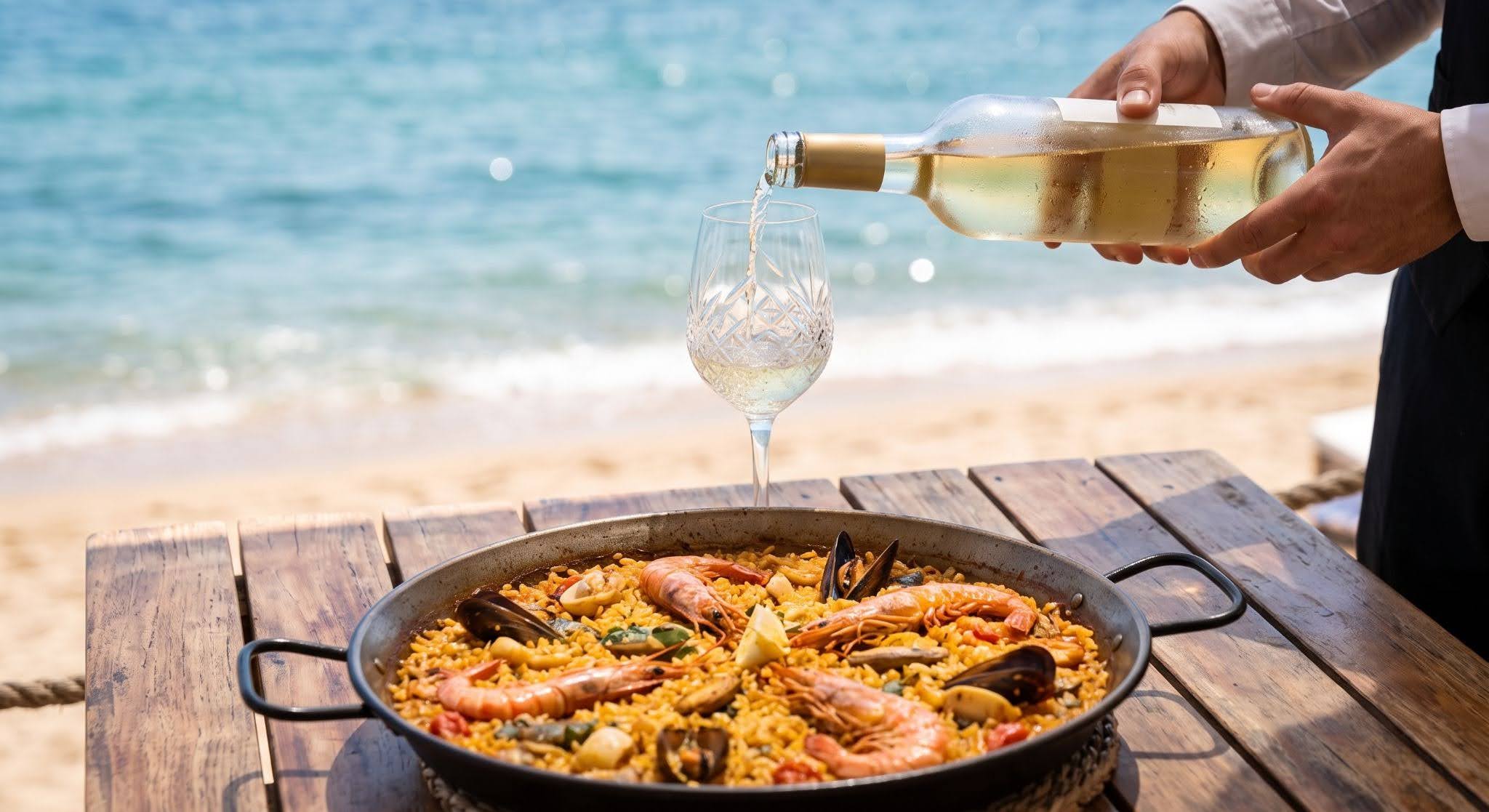 Camarero sirviendo vino blanco en una copa frente al mar, con una paella de marisco en primer plano sobre una mesa de madera en Peñíscola.
